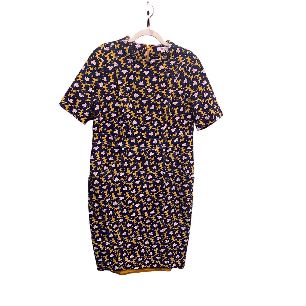 Boden Louise Floral pencil shift Dress 14 Navy Mustard Pink Retro Mod Preppy